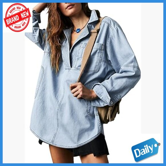 Jackets & Blazers - Denim Pullover Blouse Loose Fit Long Sleeve V Neck Button Front Pocket